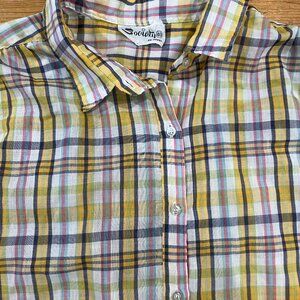 60s Vintage Yellow Plaid Button Front Short-Sleeved Blouse